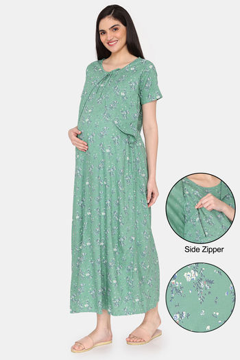 Buy Coucou Maternity Woven Full Length Nightdress With Side Zipper And Discreet Feeding - Elm Green